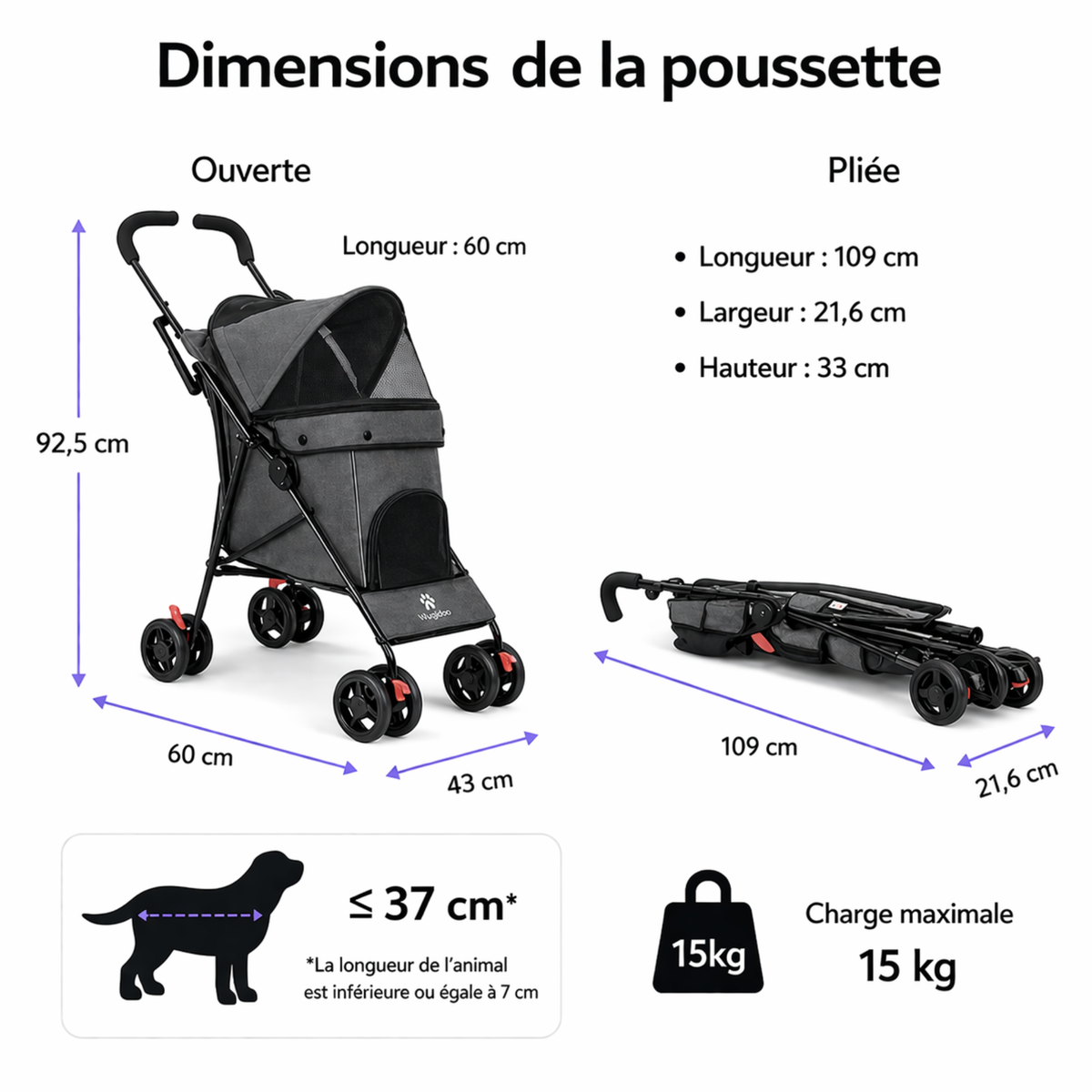 Poussette pour petit chien légère et maniable, panneaux en maille, jusqu'à 15 kg