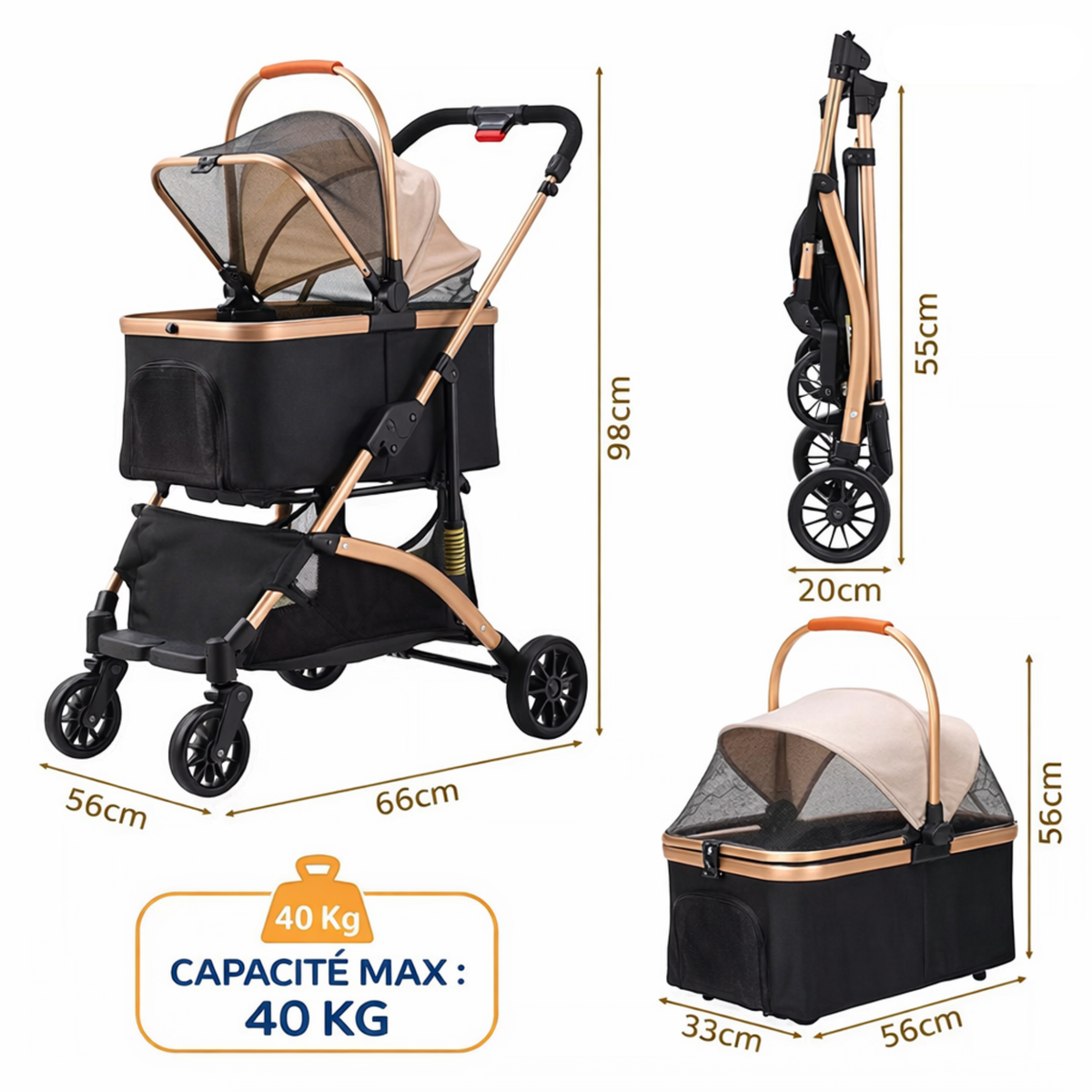 Poussette pour chien grand format, habitacle respirant et pliage rapide, jusqu'à 40 kg