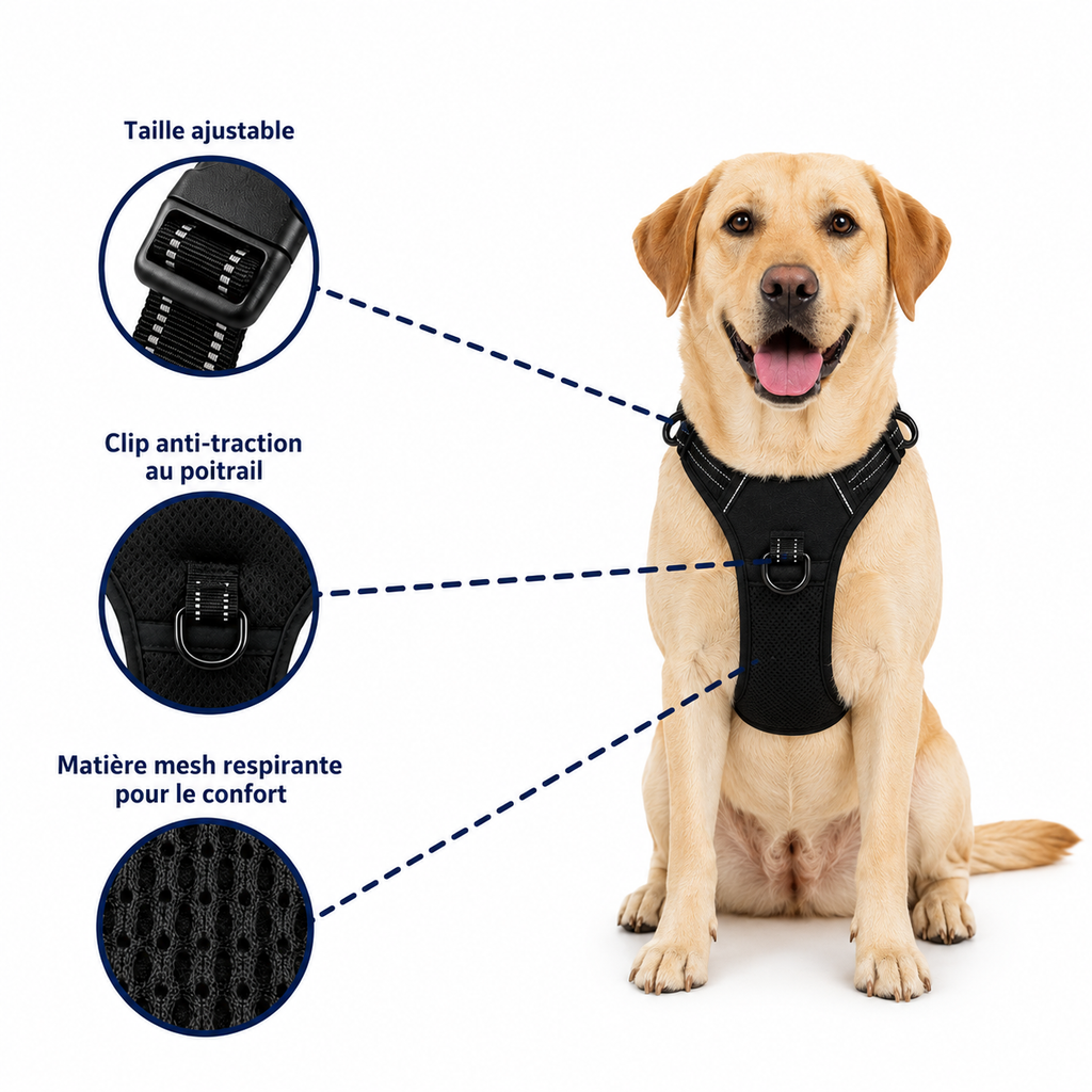 Harnais anti-traction pour chien réglable, maille respirante, tailles S à XL, 4 à 45 kg