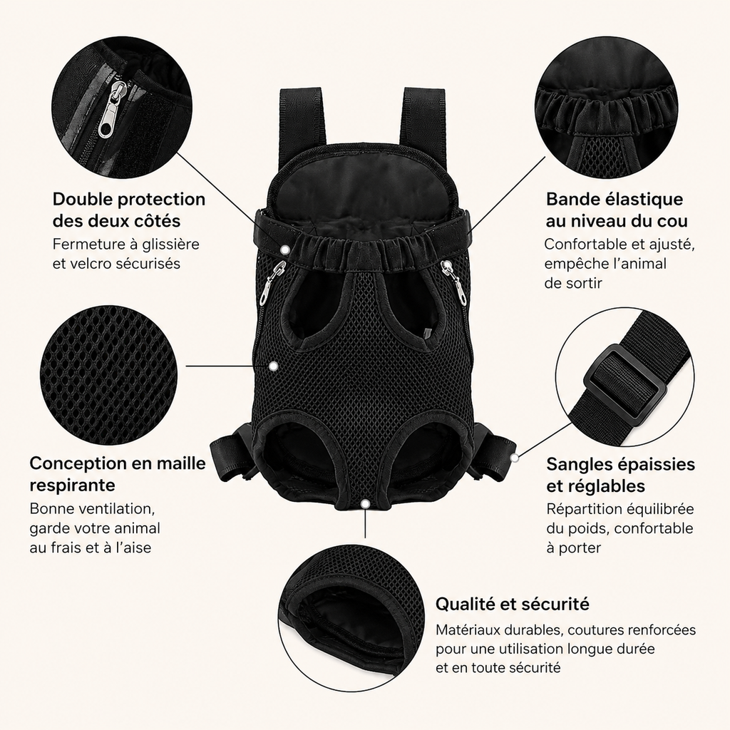 Sac ventral pour chien pattes sorties, sangles réglables, tailles S à XL, 1,5 à 9,5 kg