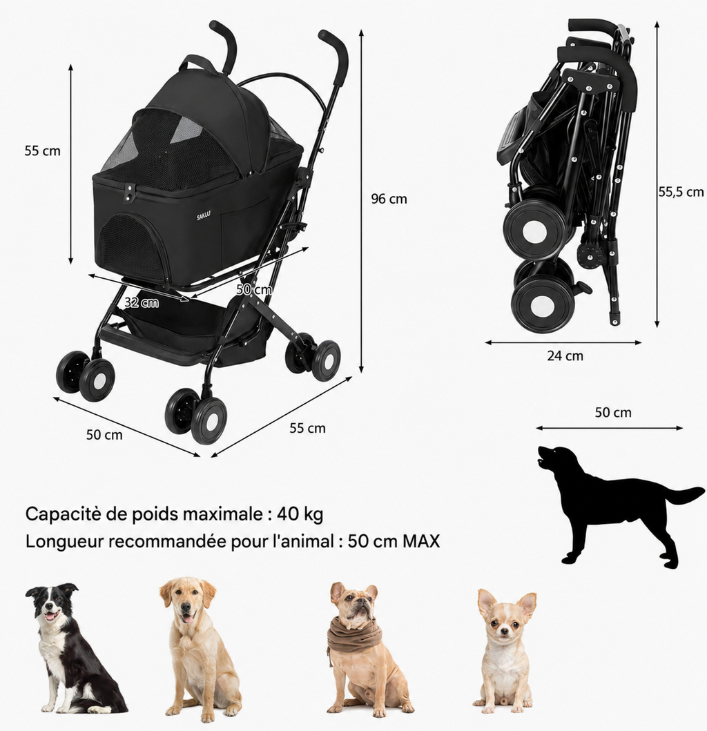 Poussette pour chien grande taille, nacelle détachable Oxford 300D, jusqu'à 40 kg