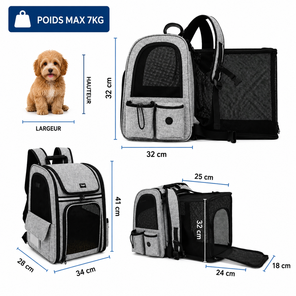 Sac à dos de transport pour chien extensible, Oxford 600D hydrofuge, jusqu'à 7 kg