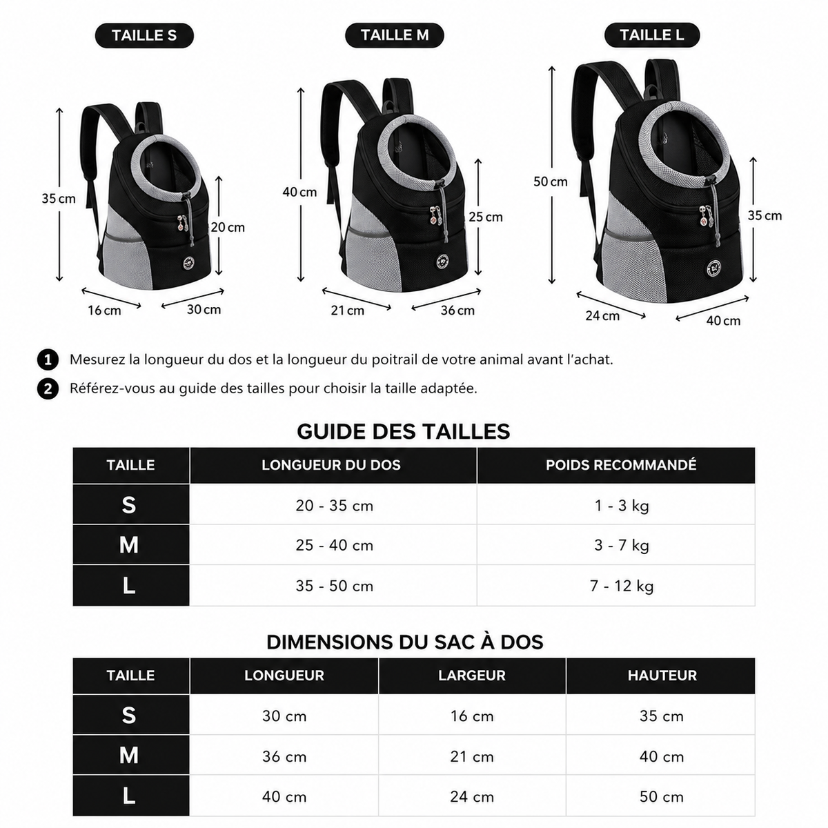 Sac à dos de transport pour chien, maille respirante, tailles S à L, 1 à 12 kg