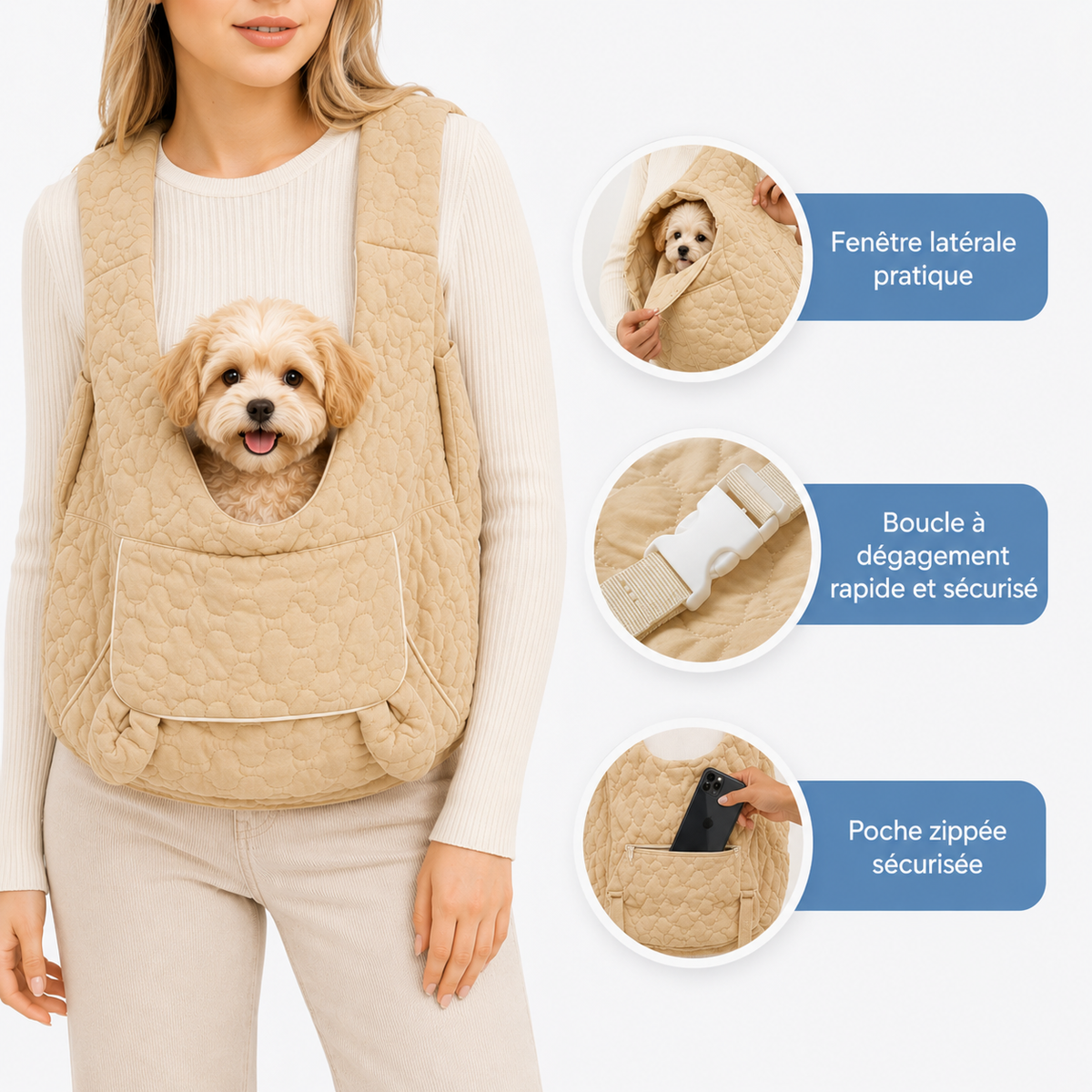 Porte-chien ventral mains libres, nylon imperméable matelassé, jusqu'à 6 kg