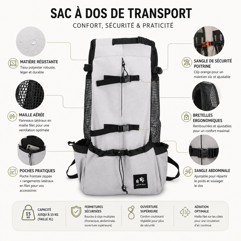 Sac à dos de transport pour chien randonnée et vélo, tailles S à XL, 1 à 15 kg