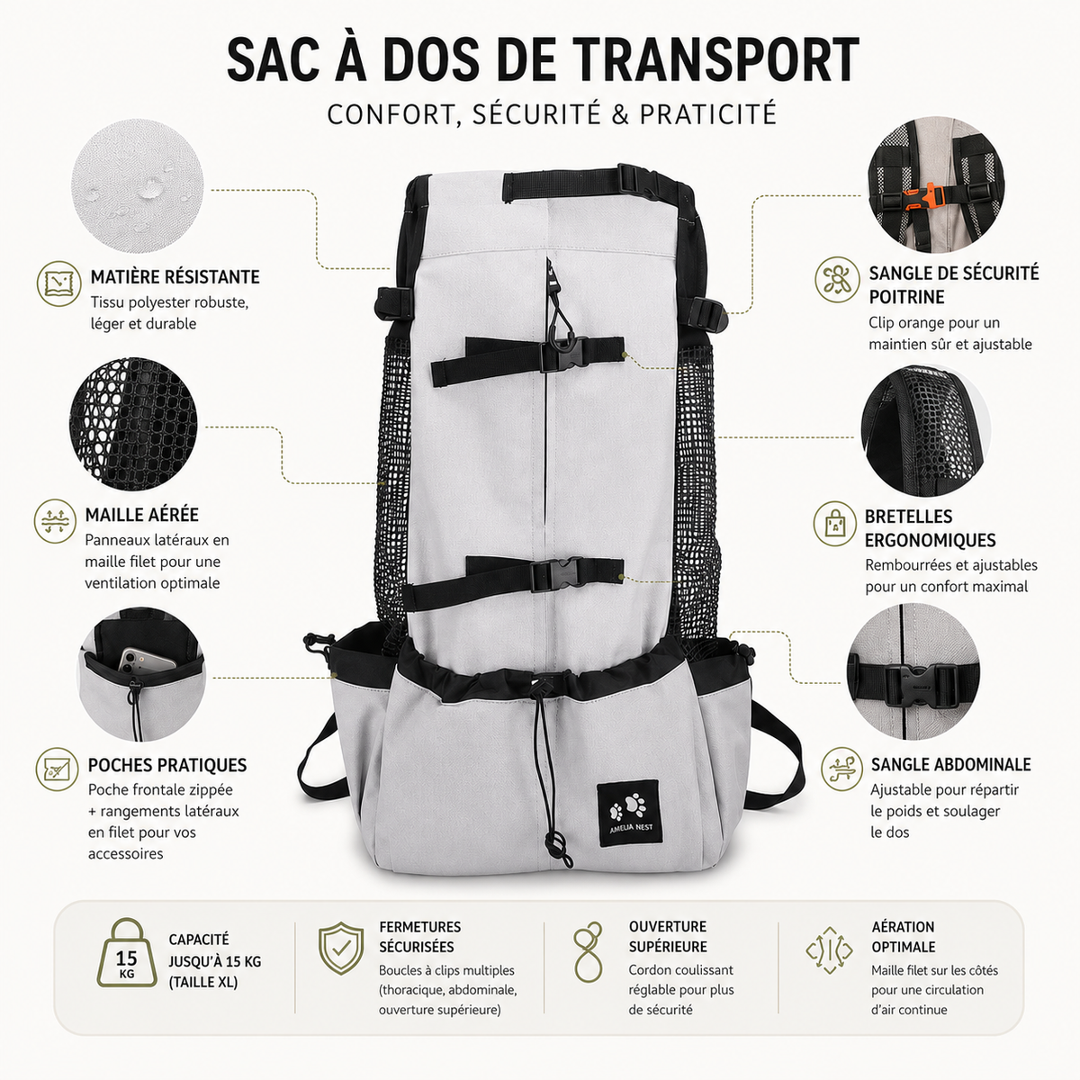 Sac à dos de transport pour chien randonnée et vélo, tailles S à XL, 1 à 15 kg